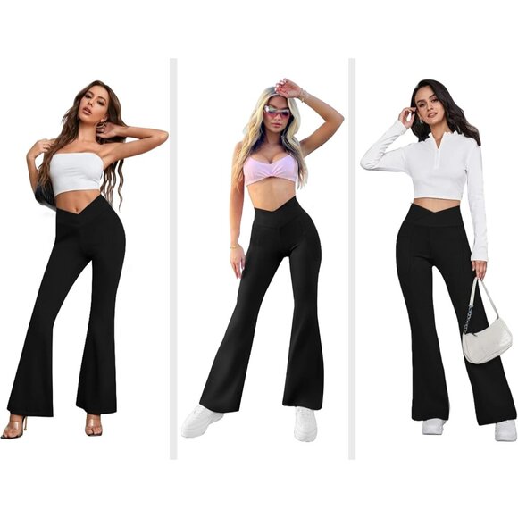 Women's Flare Yoga Pants with Pockets-V Crossover High Waisted Bootcut Yoga Legg - Picture 5 of 5